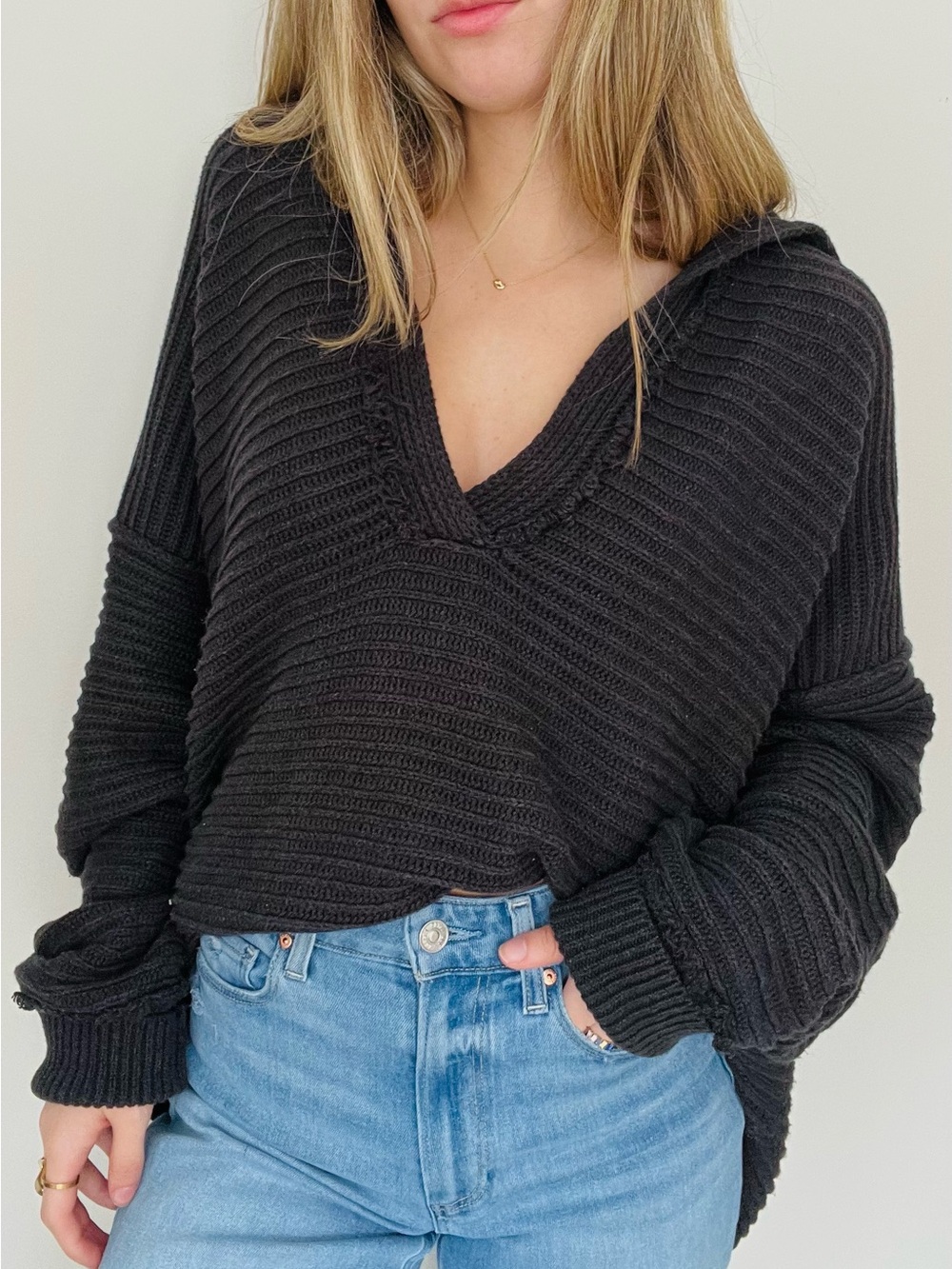 FREE PEOPLE Marlie V-Neck Ribbed Knit Sweater